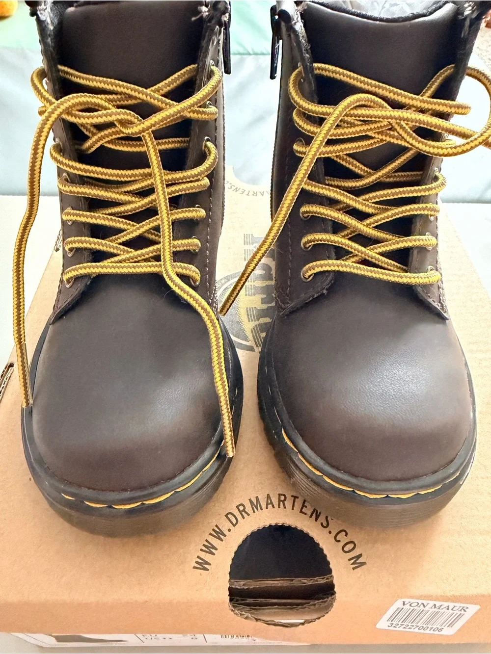 Dr. Martens Toddler Dark Brown Leather Lace-Up Boots with Yellow Stitching. New